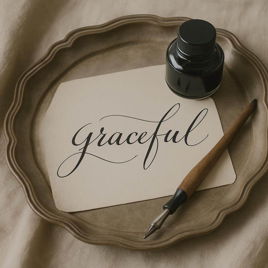 The image features a hand-lettered card with the word "Graceful" in a decorative calligraphy script set on a bronze tray, ...