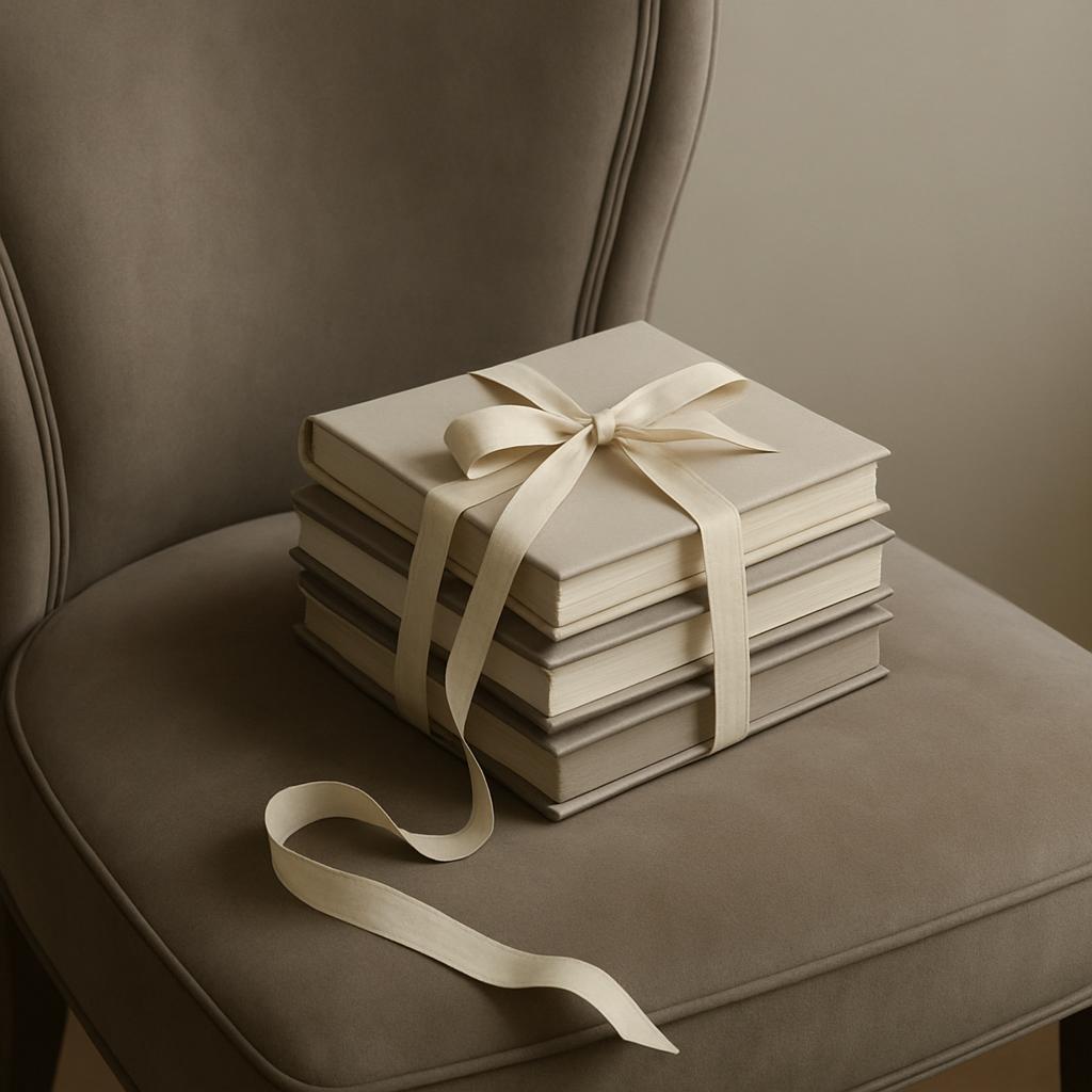 A stack of books bound in blank and downstairs neutral-colored paper, tied with an off-white fabric ribbon is placed on a ...