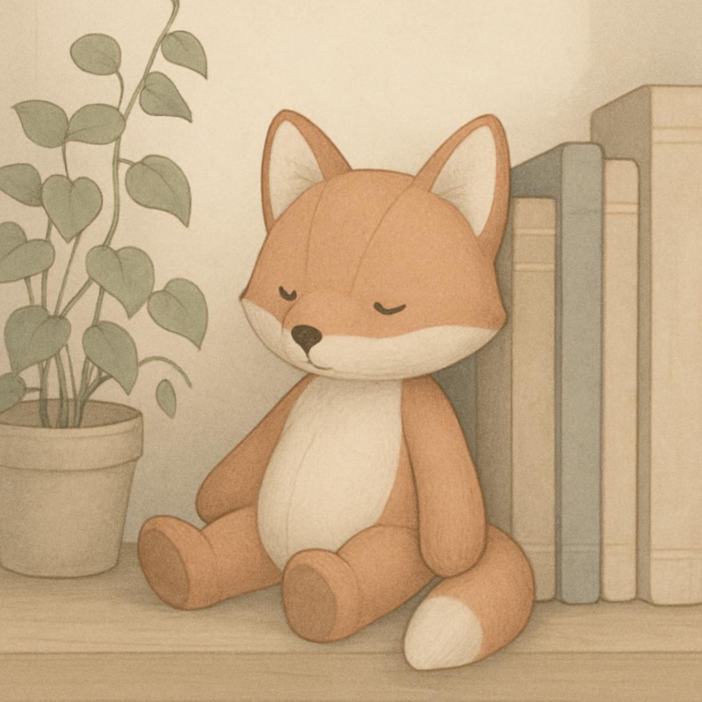 An illustration of a stuffed fox sitting on a shelf next to a potted plant and some books.