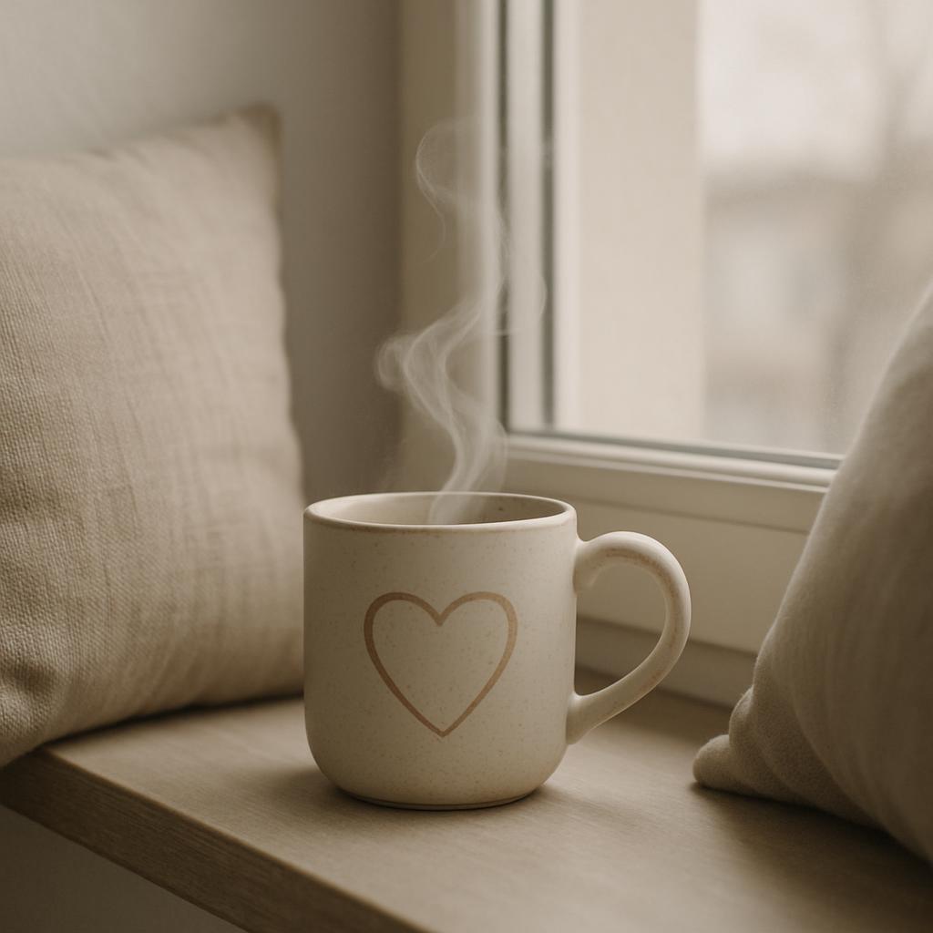 • A serene-white or tan ceramic mug with a gold heart on it sits on a window sill. • The mug has the handle on the right. ...